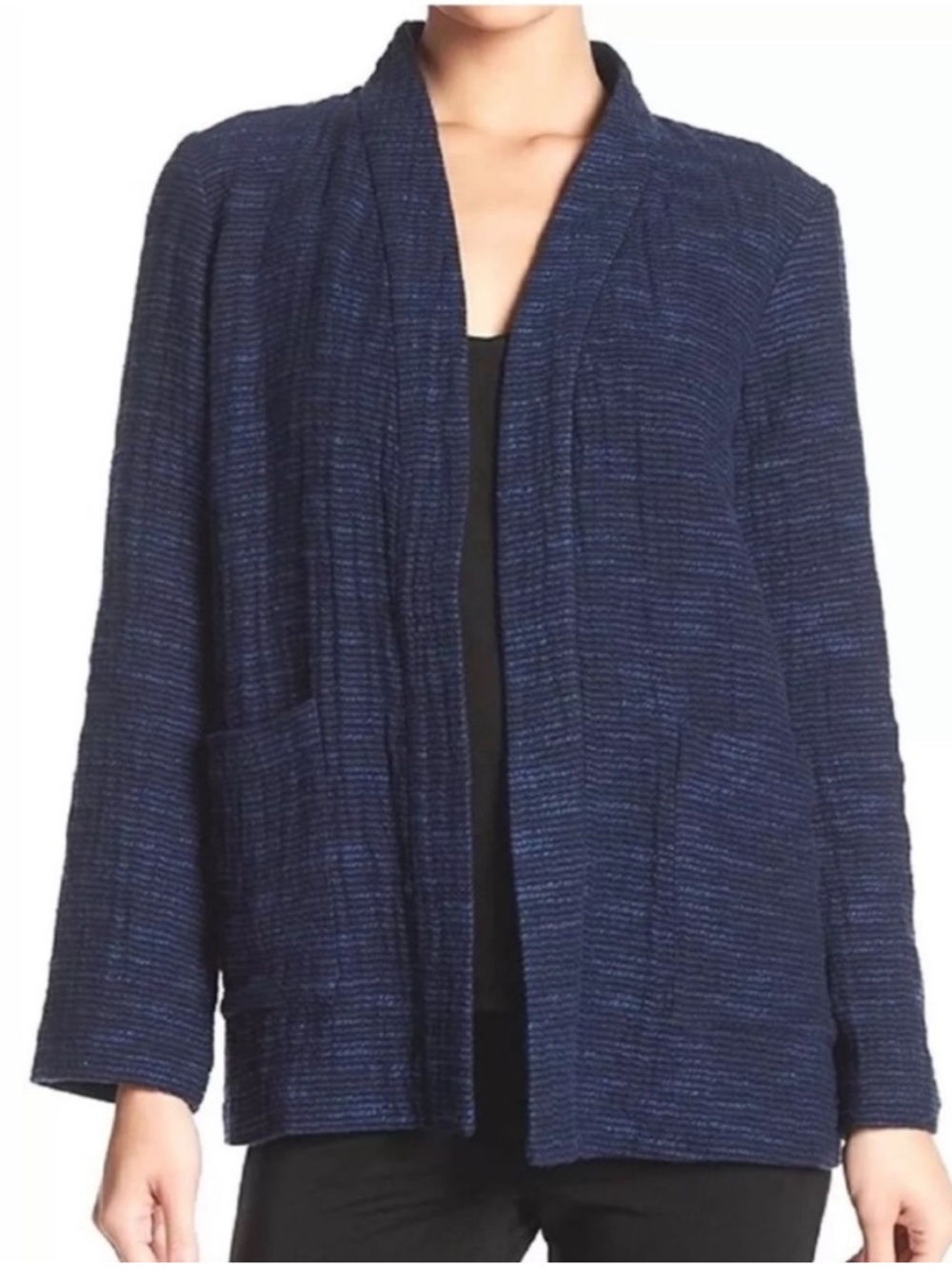 Eileen Fisher Textured Knit Cotton Patch Pocket Midnight Kimono Jacket Sz XS